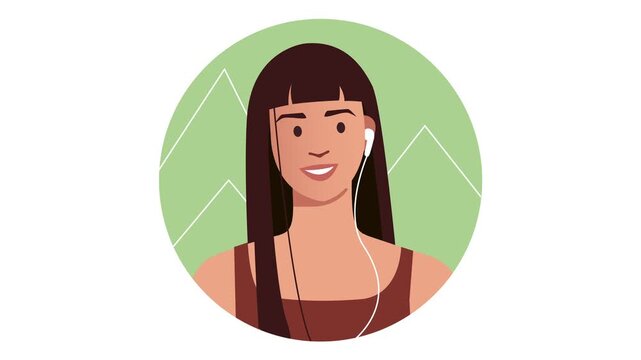 Smiling young woman with earbuds in circular avatar, flat vector illustration
