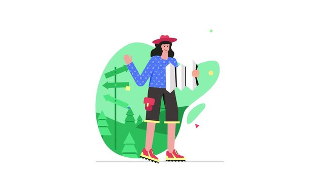 Animated female hiker with map and signpost in green landscape
