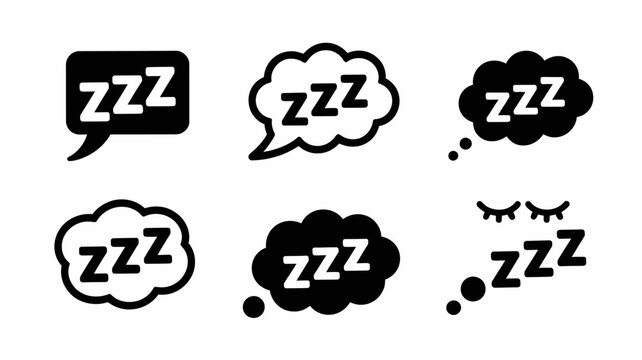 A collection of black and white icons depicting sleep and dreaming featuring speech bubbles and a closed eye face high quality professional detailed modern elegant stylish