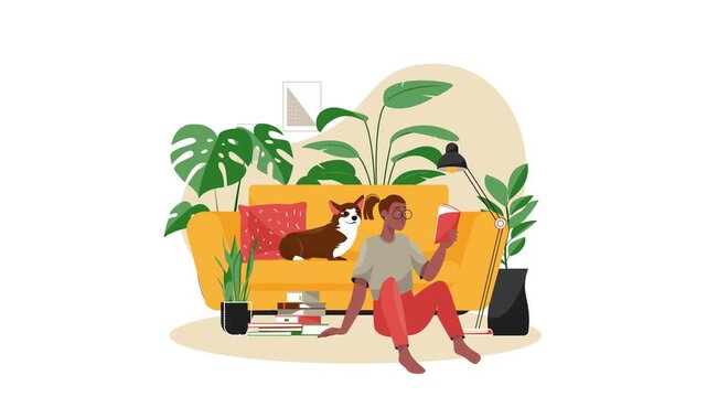 Cozy animated woman reading on sofa with dog and houseplants at home