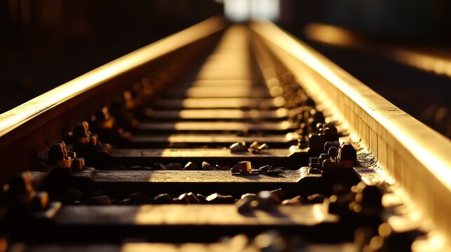 Warm Golden Sunlight Illuminates Railroad Tracks Stretching into the Distance