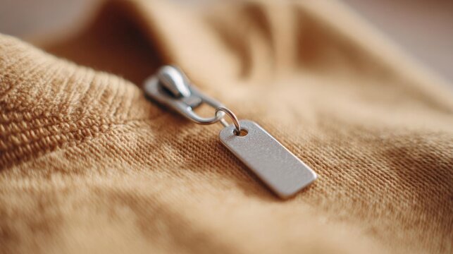 Close-up of a zipper puller with a rectangular metal tag attached to it. the tag is silver in color and appears to be made of metal.