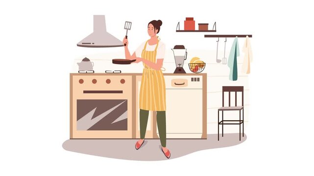 Flat illustration of woman cooking at a modern kitchen stove