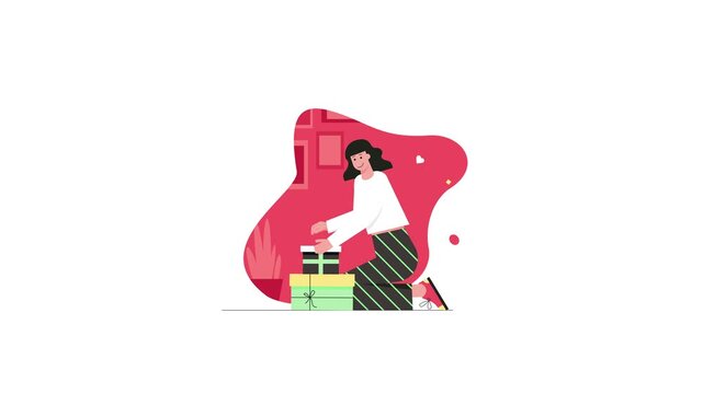 Flat animation of woman arranging gift boxes on abstract red shape