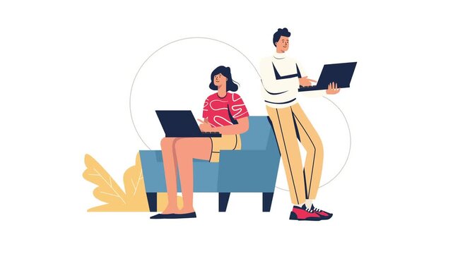 Animated man and woman working on laptops in a remote work home scene