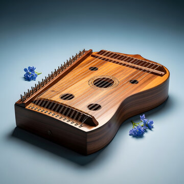 Hammered dulcimer with blue flowers on a gray background