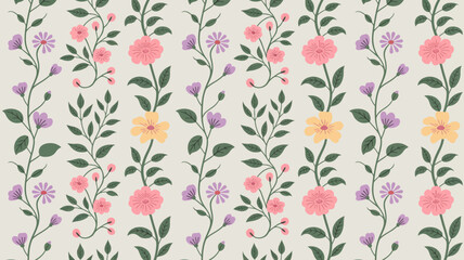 Fototapeta premium A repeating floral pattern features colorful wildflowers and delicate vines against a soft neutral beige background creating a seamless design high quality professional detailed modern elegant