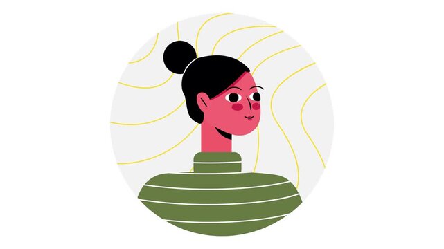 Animated stylized woman portrait in green sweater with abstract background
