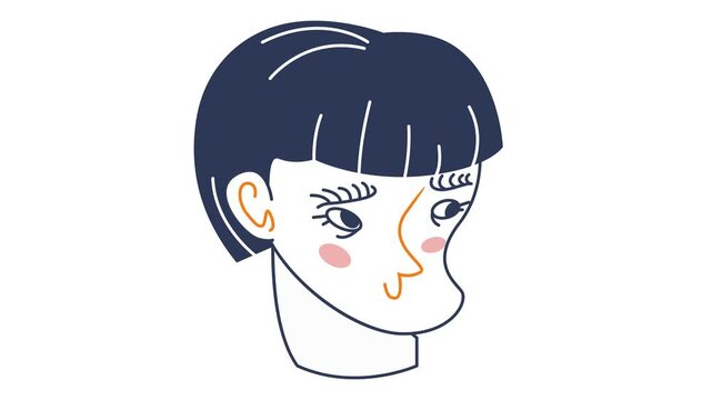 Animated cute girl face vector illustration with dark hair and blush