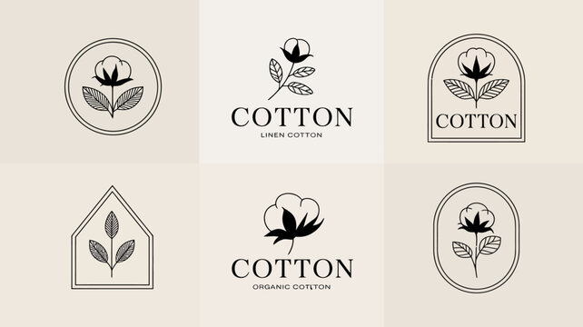 A collection of minimalist logo designs featuring cotton plant illustrations and the word cotton in varying styles high quality professional detailed modern elegant stylish clean crisp