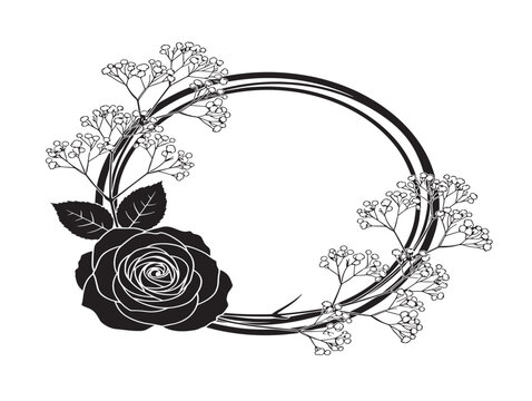 Romantic rose and baby breath frame silhouette with delicate bridal bouquet design