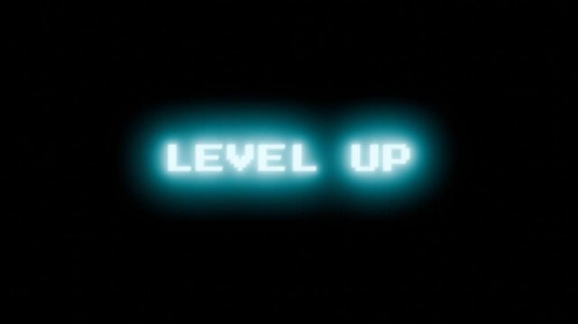 Eye-catching seamless looping level up celebration animation with retro pixel font and neon blue color theme. Features vibrant RGB chromatic aberration, horizontal scanline glitch effects and digital 