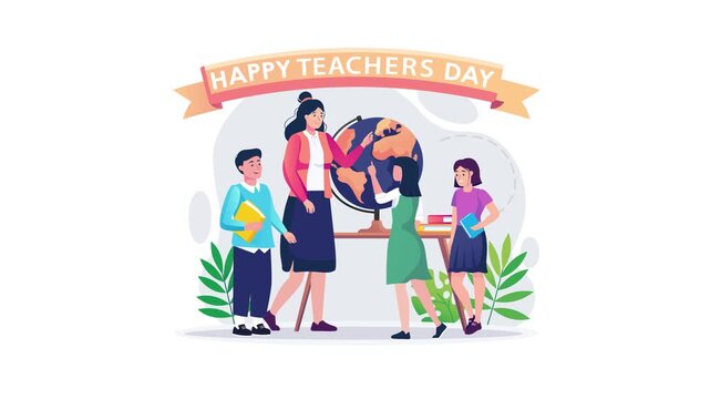 Happy Teachers Day animated vector illustration with teacher and students