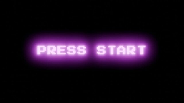Nostalgic seamless looping press start screen animation with retro pixel font and synthwave purple color theme. Features RGB chromatic aberration, horizontal scanline glitch effects and digital distor