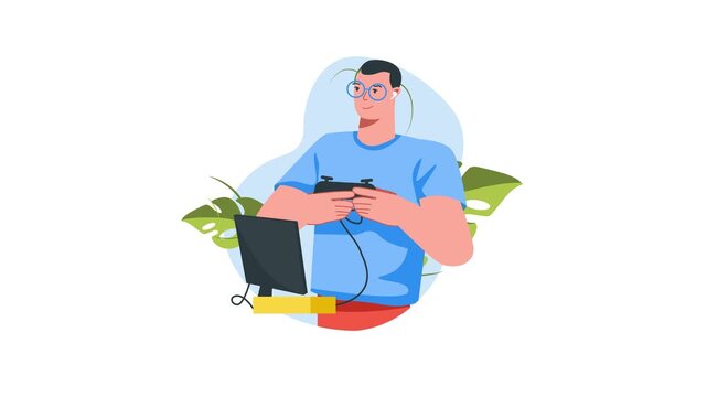 Animated young man gaming with controller beside monitor in flat vector style