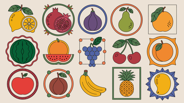 A colorful illustration depicts a variety of fresh fruits arranged in geometric shapes and frames showcasing a vibrant botanical collection high quality professional detailed modern elegant