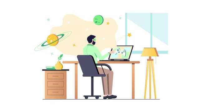 Animated man gaming on laptop in modern office with space decor
