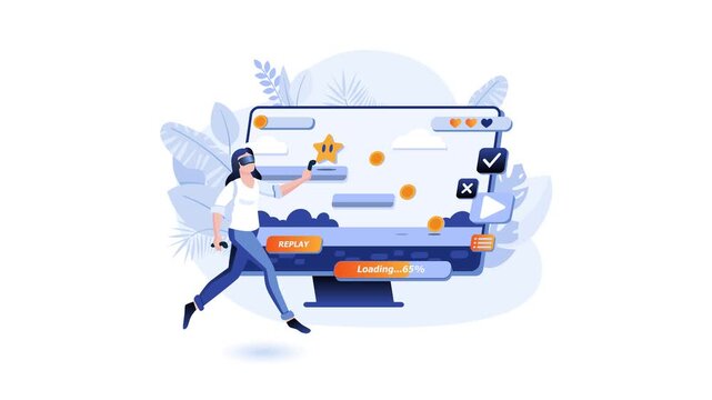 Virtual reality gamer interacting with game screen and loading bar animation