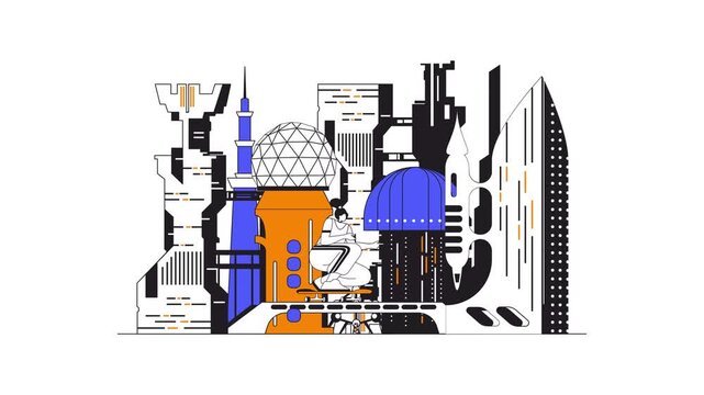 Animated futuristic city skyline with mosque domes and minaret, vector art