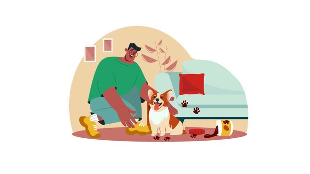 Animated man putting on shoes beside corgi in cozy living room