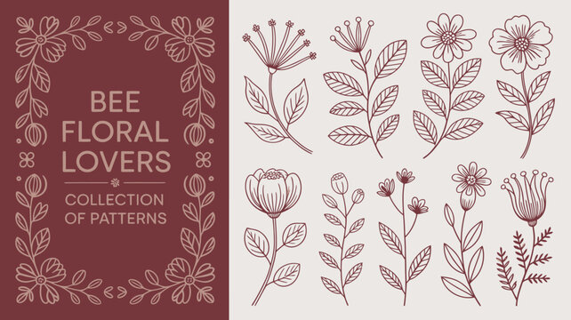 A botanical illustration showcases various floral designs and a bee arranged in a decorative frame and collection layout high quality professional detailed modern elegant stylish clean