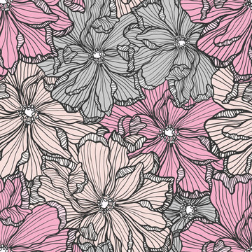 Elegant primrose silhouettes for feminine surface design. Perfect print for feminine fashion and textile. Symmetrical marigold heads for traditional decorative art.