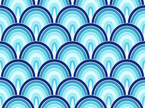 Magic mermaid tail scales vector repeat pattern. Multicolored fishscale texture. Fabric mermaid squama print. Gorgeous animal scale background. Asian stylized motif.