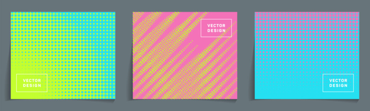 Banner templates with halftone grid patterns vector bunch. Contemporary notebook cover pages. Decorative backdrops for business projects. Simple covers group.
