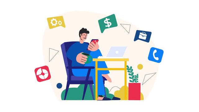 Animated remote worker using smartphone at desk with laptop and business icons