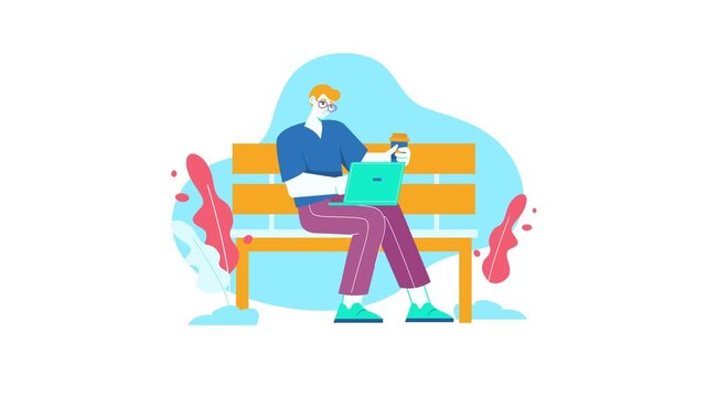 Animated flat vector man working on laptop with coffee on park bench