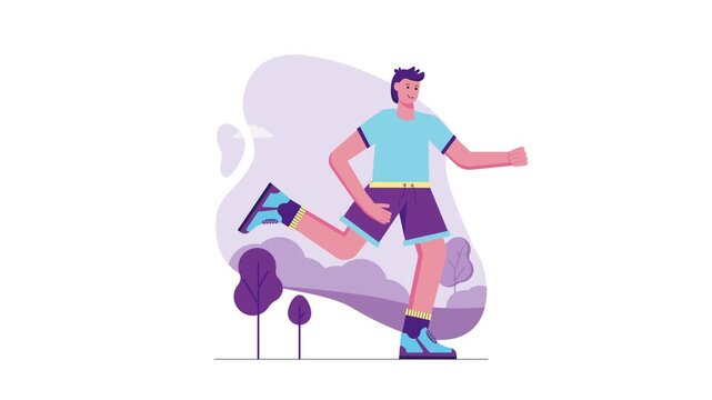 Young man running in pastel park landscape flat animation illustration