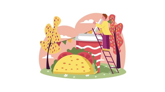 Animated woman decorating giant taco and drink in autumn park illustration