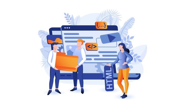 Web developers collaborating on HTML website design with laptop icons