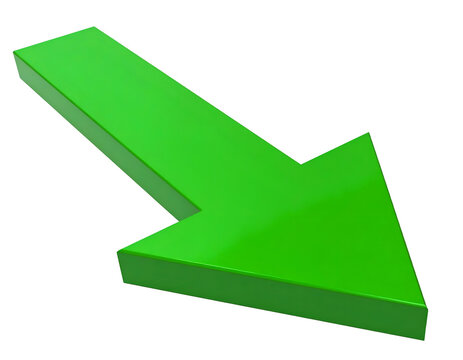 A glossy, three-dimensional green arrow points downwards and to the right