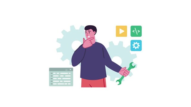 Animated developer troubleshooting software with code and settings icons