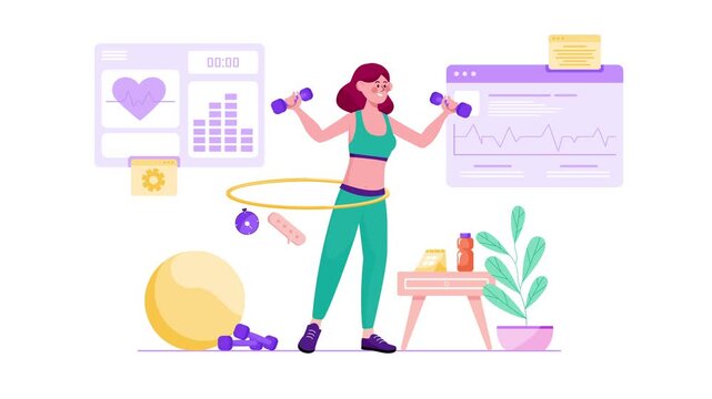 Animated woman doing home workout with fitness app dashboard and hula hoop