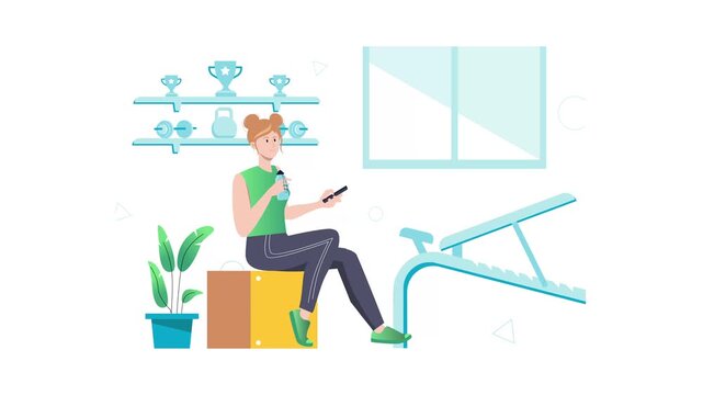 Animated woman resting after workout in bright modern gym interior
