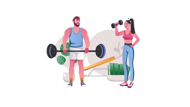 Fitness couple lifting weights in flat vector illustration animation