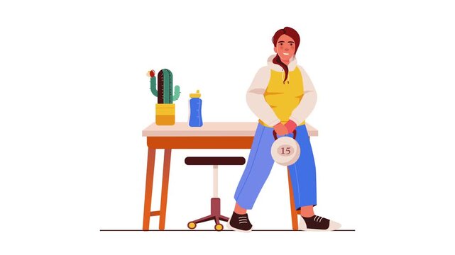 Animated woman holding kettlebell beside desk with clock and water bottle