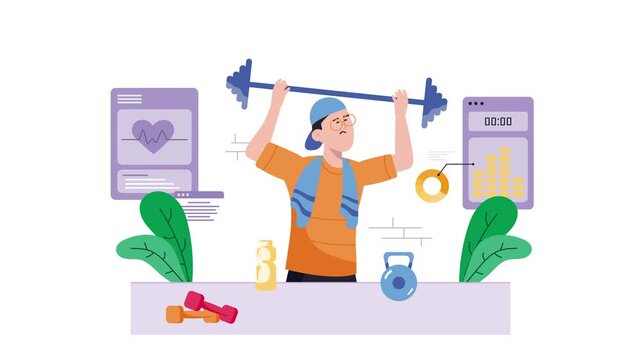 Animated young athlete doing pull-up with fitness app dashboard