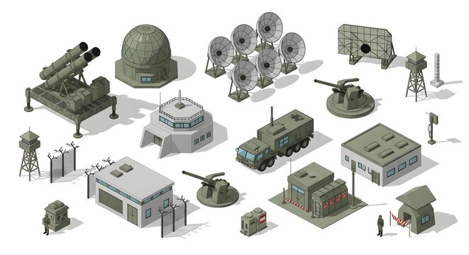 This detailed isometric illustration portrays a secure military base, showcasing advanced air defense systems, strategic combat infrastructure, and various operational defense units.