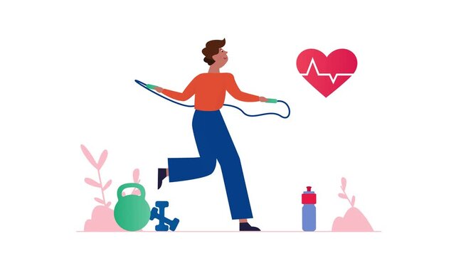 Animated woman skipping rope with heart health icons and fitness gear