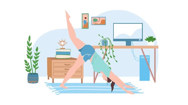 Woman practicing yoga in home office with plants and computer illustration