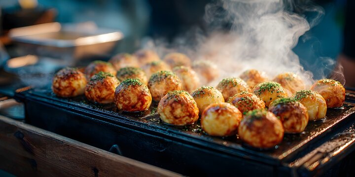 Fresh takoyaki octopus balls sizzling on a hot griddle with rising steam at a vibrant night food market festival setting featuring golden brown crispy textures and herbs