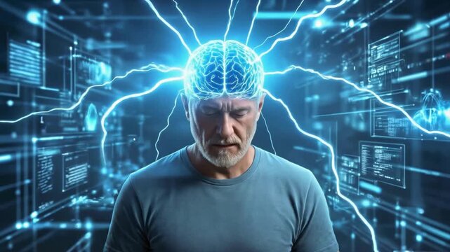 Senior man with glowing digital brain and electric lightning bolts. Futuristic neural interface and cognitive enhancement. Lockdown medium shot.
