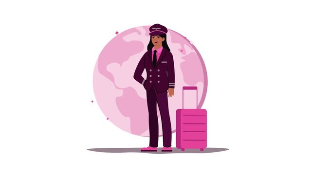 Animated female pilot with suitcase before pink travel globe illustration