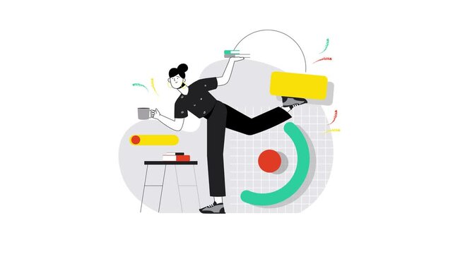 Playful animation of woman balancing books and coffee in abstract scene