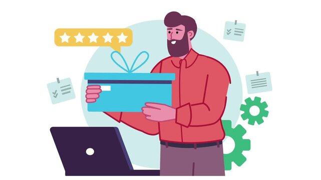 Animated bearded man holding gift box with 5 star rating and laptop