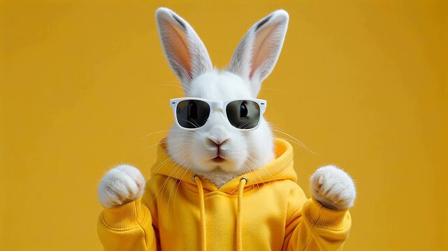 White rabbit in yellow hoodie and sunglasses