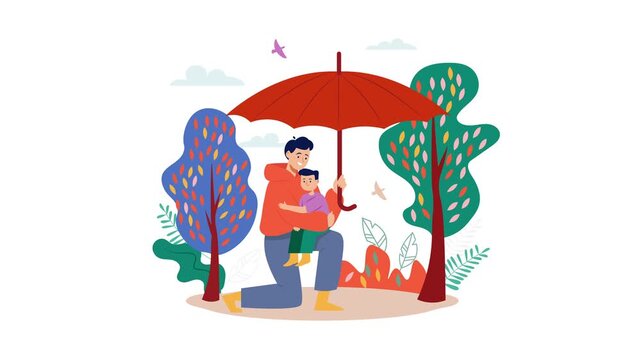 Father and son under umbrella in colorful autumn park illustration